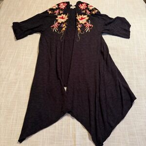 Umgee Womens Floral Embroidered Open Front Cardigan Charcoal M/L A3686 Boho